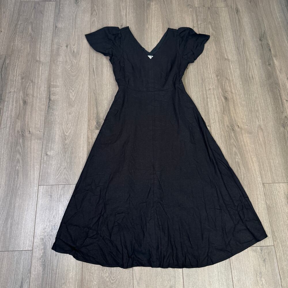 J.Crew Linen-Blend Midi Dress Womens 4 Black Flutter Short Sleeve V-Neck A-Line - Picture 3 of 7
